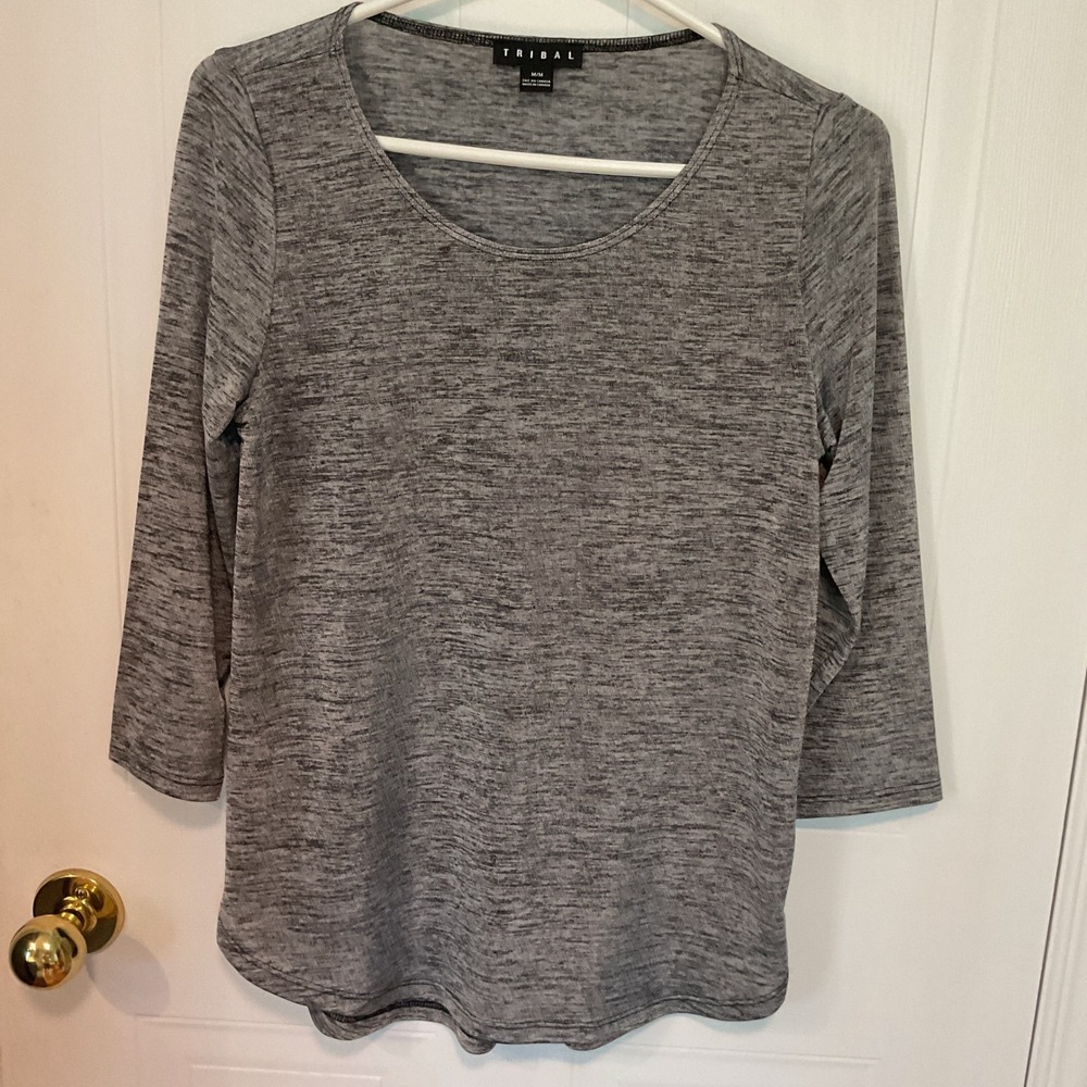 Tribal Top Womens Medium Gray Excellent 3/4 Sleeve Space Dye Scoop Neck Knit